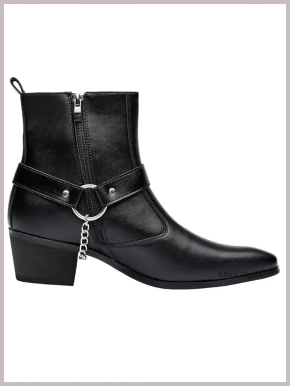 Men's Harness Chelsea Boots Faux Leather Square Toe Side Zipper Ankle